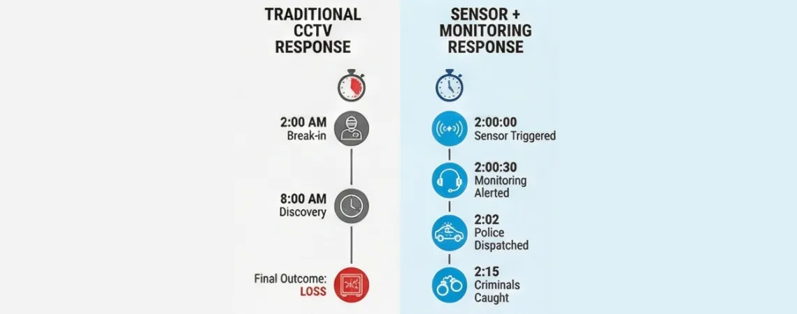 Timeline comparison showing 6-hour delay with CCTV-only versus 30-second response with sensor-based monitoring