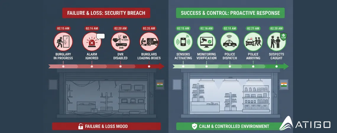 Timeline comparison showing 24/7 monitoring stops break-ins in 8 minutes while unmonitored systems result in ₹10 lakh losses