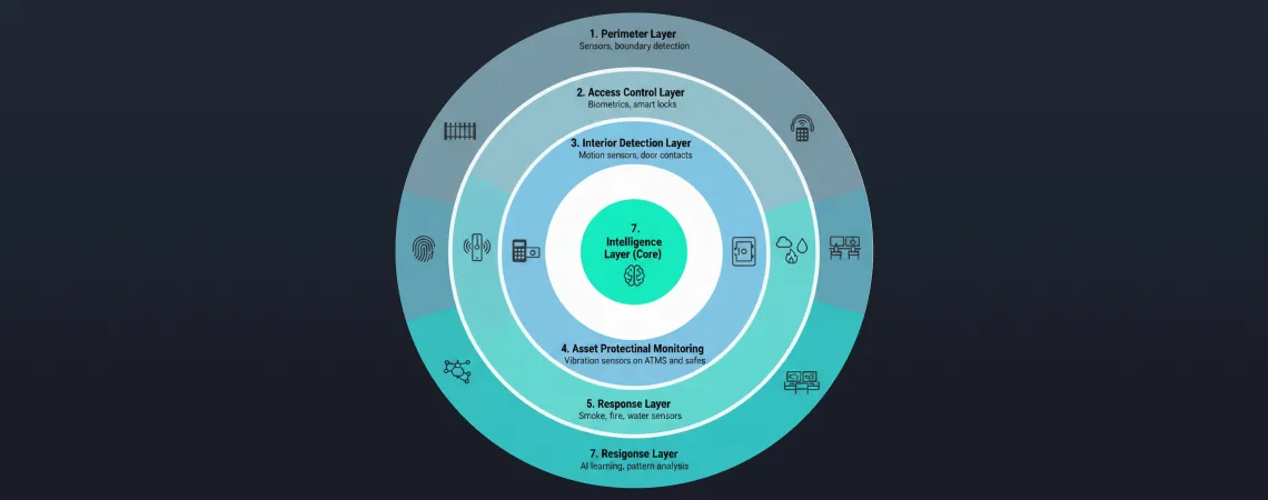 Seven-layer physical security defense ecosystem for Indian banks showing perimeter to intelligence protection