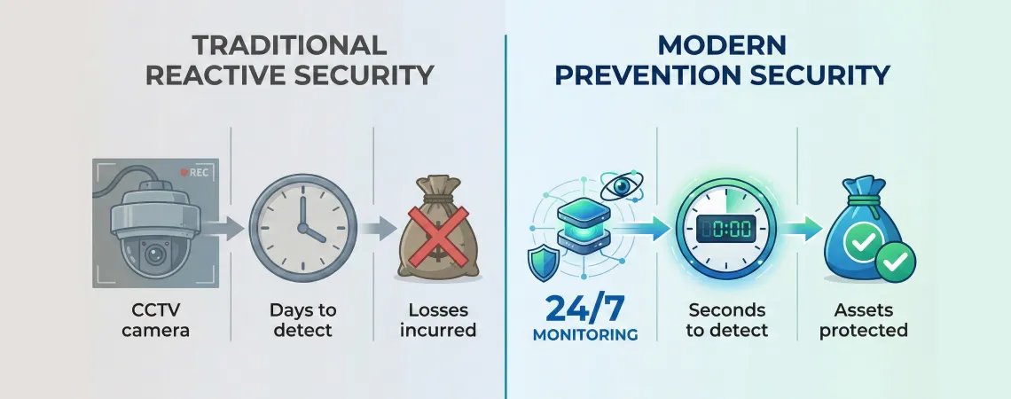 Transformation from reactive CCTV-based to preventive sensor-based security showing detection time reduction from days to seconds