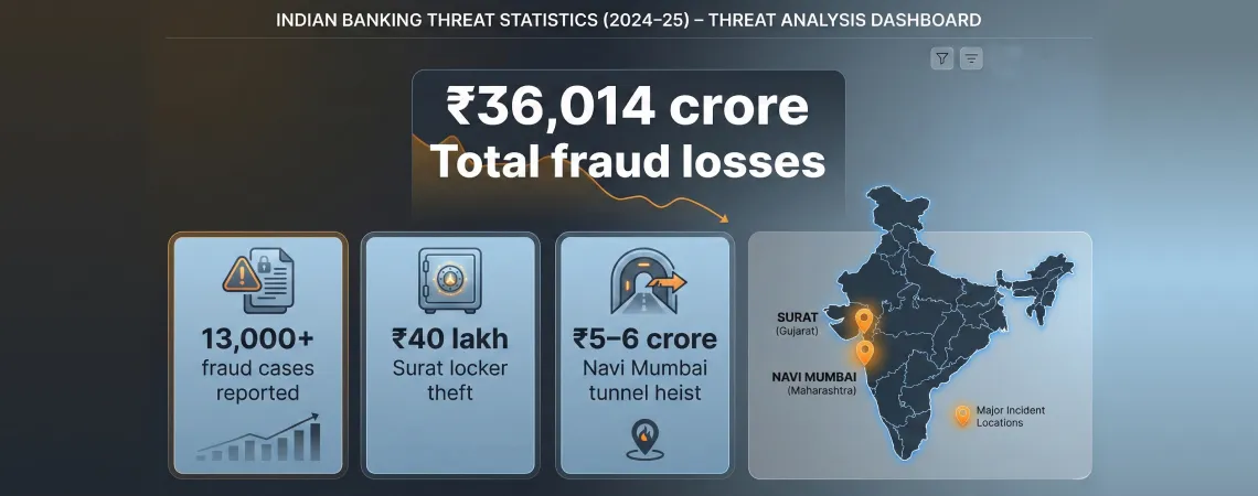 Indian banking fraud statistics 2024-25 showing ₹36,014 crore losses across 13,000 cases with major incident highlights