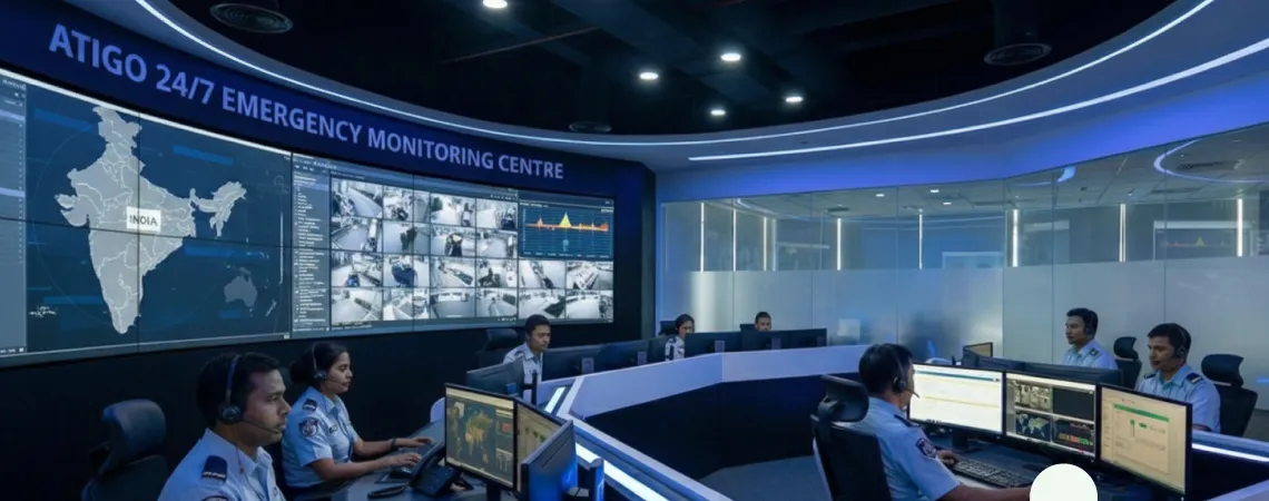 24/7 professional security monitoring center for Indian bank branches with trained operators responding to sensor alerts in real-time