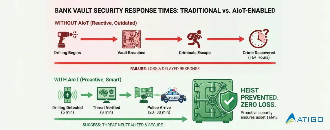 Comparison of bank vault security response times showing delayed detection in traditional systems versus rapid AIoT-based early detection and police response