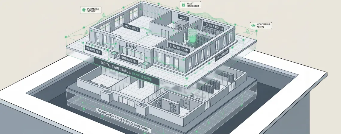 Layered AIoT bank vault security architecture showing perimeter protection, vault and locker room monitoring, basement coverage, and underground seismic detection for tunneling attacks