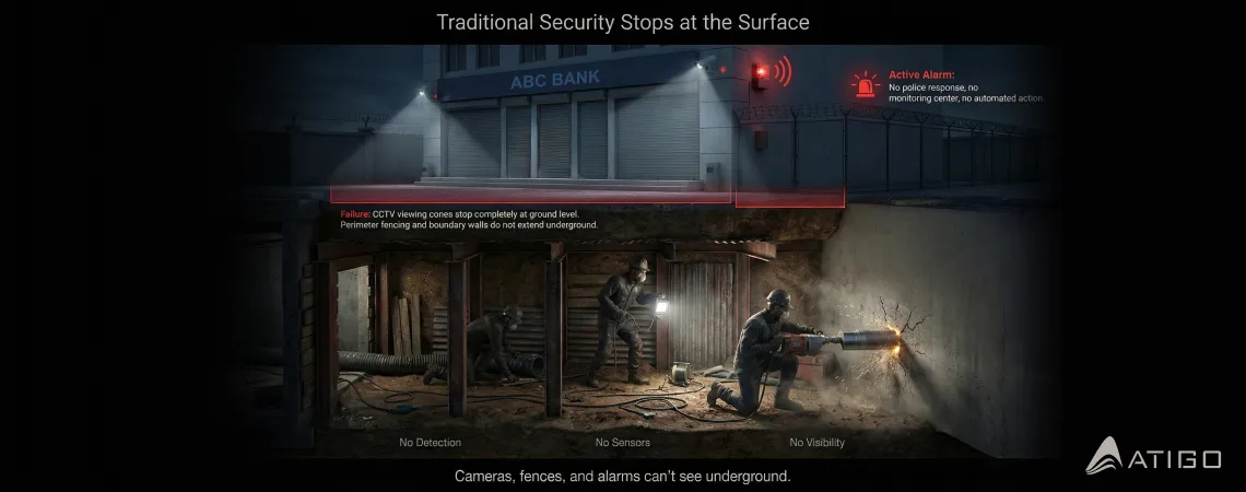 Traditional bank security failure illustrated by underground drilling attack bypassing CCTV cameras, perimeter fencing, and surface-level alarms